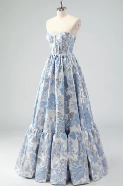 Bonito azul A-Line querida Brocade Corset Long Prom Dress