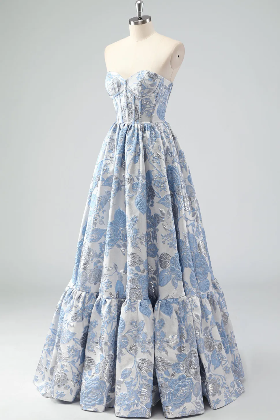 Bonito azul A-Line querida Brocade Corset Long Prom Dress