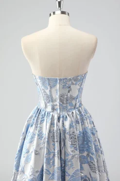 Bonito azul A-Line querida Brocade Corset Long Prom Dress
