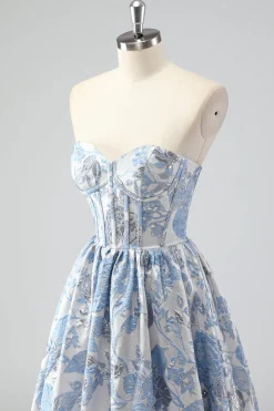 Bonito azul A-Line querida Brocade Corset Long Prom Dress