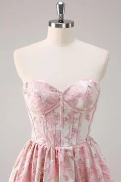 Bonito azul A-Line querida Brocade Corset Long Prom Dress