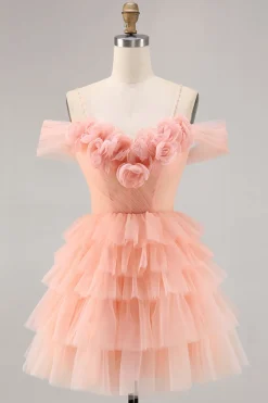 Bonito Blush Tiered Uma linha Homecoming Dress com flores 3D