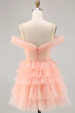 Bonito Blush Tiered Uma linha Homecoming Dress com flores 3D