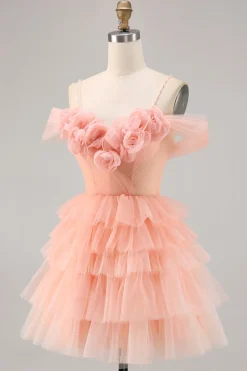 Bonito Blush Tiered Uma linha Homecoming Dress com flores 3D