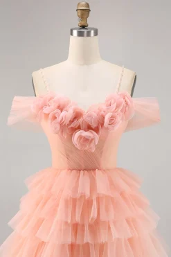 Bonito Blush Tiered Uma linha Homecoming Dress com flores 3D
