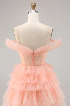 Bonito Blush Tiered Uma linha Homecoming Dress com flores 3D
