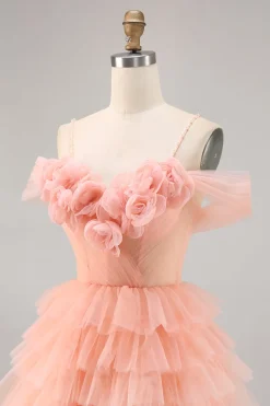 Bonito Blush Tiered Uma linha Homecoming Dress com flores 3D