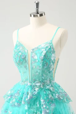 Bonito Brilhante A-Line Verde Esparguete Correias Tiered Homecoming Dress com Sequins