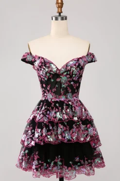 Bonito Brilhante Hot Pink Uma Linha Tiered Corset Lace Short Homecoming Dress