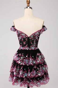 Bonito Brilhante Hot Pink Uma Linha Tiered Corset Lace Short Homecoming Dress