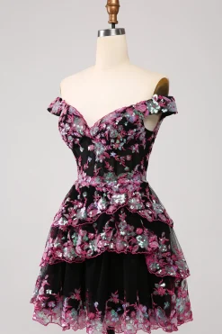 Bonito Brilhante Hot Pink Uma Linha Tiered Corset Lace Short Homecoming Dress