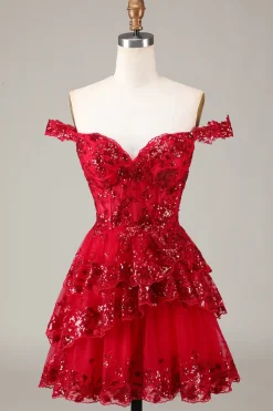 Bonito Brilhante Hot Pink Uma Linha Tiered Corset Lace Short Homecoming Dress