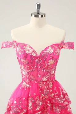 Bonito Brilhante Hot Pink Uma Linha Tiered Corset Lace Short Homecoming Dress