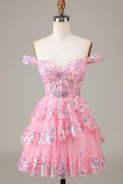 Bonito Brilhante Hot Pink Uma Linha Tiered Corset Lace Short Homecoming Dress