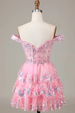 Bonito Brilhante Hot Pink Uma Linha Tiered Corset Lace Short Homecoming Dress