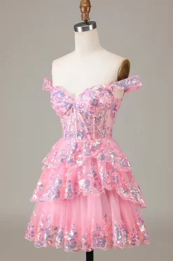 Bonito Brilhante Hot Pink Uma Linha Tiered Corset Lace Short Homecoming Dress