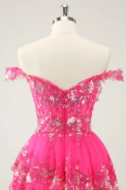 Bonito Brilhante Hot Pink Uma Linha Tiered Corset Lace Short Homecoming Dress