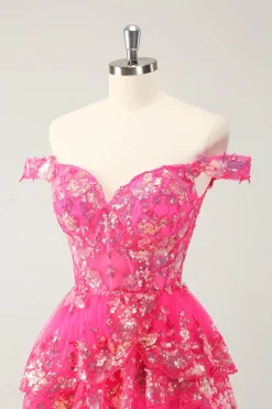 Bonito Brilhante Hot Pink Uma Linha Tiered Corset Lace Short Homecoming Dress