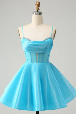 Bonito Glitter Azul Uma Linha Esparguete Correias Corset Homecoming Dress com Missangas