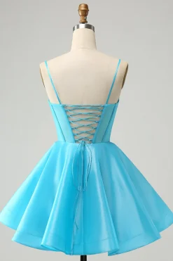 Bonito Glitter Azul Uma Linha Esparguete Correias Corset Homecoming Dress com Missangas