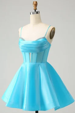 Bonito Glitter Azul Uma Linha Esparguete Correias Corset Homecoming Dress com Missangas