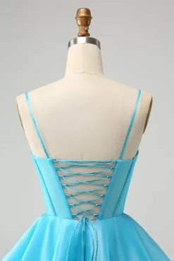 Bonito Glitter Azul Uma Linha Esparguete Correias Corset Homecoming Dress com Missangas