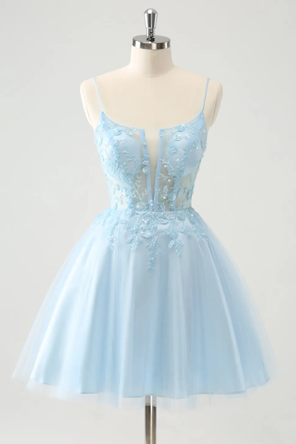 Bonito Glitter Blue A Line Beaded Corset Tulle Homecoming Dress with Appliques