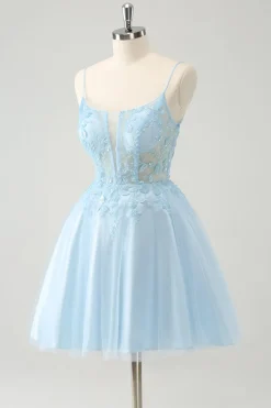 Bonito Glitter Blue A Line Beaded Corset Tulle Homecoming Dress with Appliques