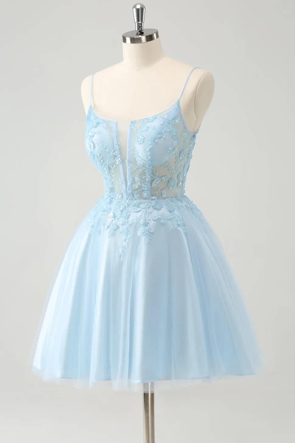 Bonito Glitter Blue A Line Beaded Corset Tulle Homecoming Dress with Appliques