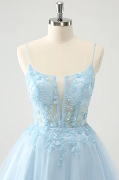 Bonito Glitter Blue A Line Beaded Corset Tulle Homecoming Dress with Appliques