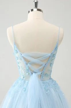 Bonito Glitter Blue A Line Beaded Corset Tulle Homecoming Dress with Appliques