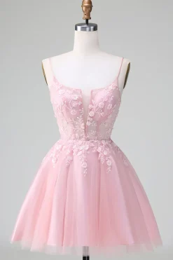 Bonito Glitter Blue A Line Beaded Corset Tulle Homecoming Dress with Appliques