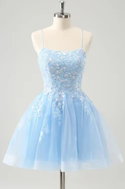 Bonito Glitter Blue A Line Sequins Vestido Curto Homecoming com Apliques