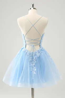 Bonito Glitter Blue A Line Sequins Vestido Curto Homecoming com Apliques