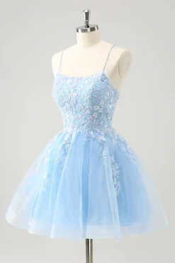 Bonito Glitter Blue A Line Sequins Vestido Curto Homecoming com Apliques