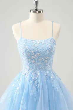 Bonito Glitter Blue A Line Sequins Vestido Curto Homecoming com Apliques