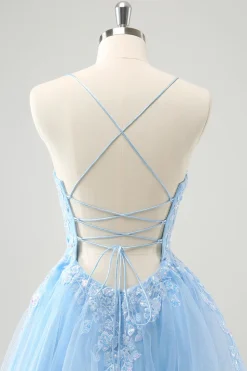 Bonito Glitter Blue A Line Sequins Vestido Curto Homecoming com Apliques