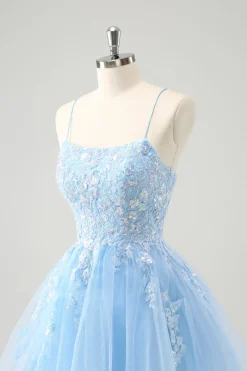 Bonito Glitter Blue A Line Sequins Vestido Curto Homecoming com Apliques