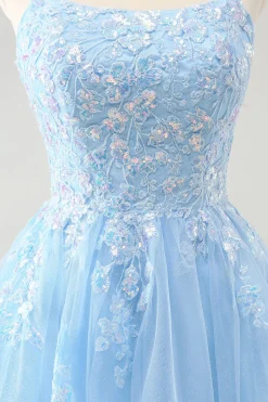 Bonito Glitter Blue A Line Sequins Vestido Curto Homecoming com Apliques