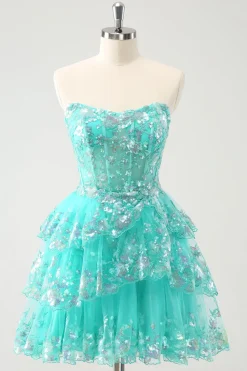 Bonito Glitter Verde Uma Linha Strapless Sequined Tiered Corset Homecoming Dress