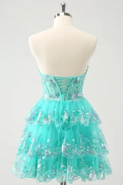 Bonito Glitter Verde Uma Linha Strapless Sequined Tiered Corset Homecoming Dress