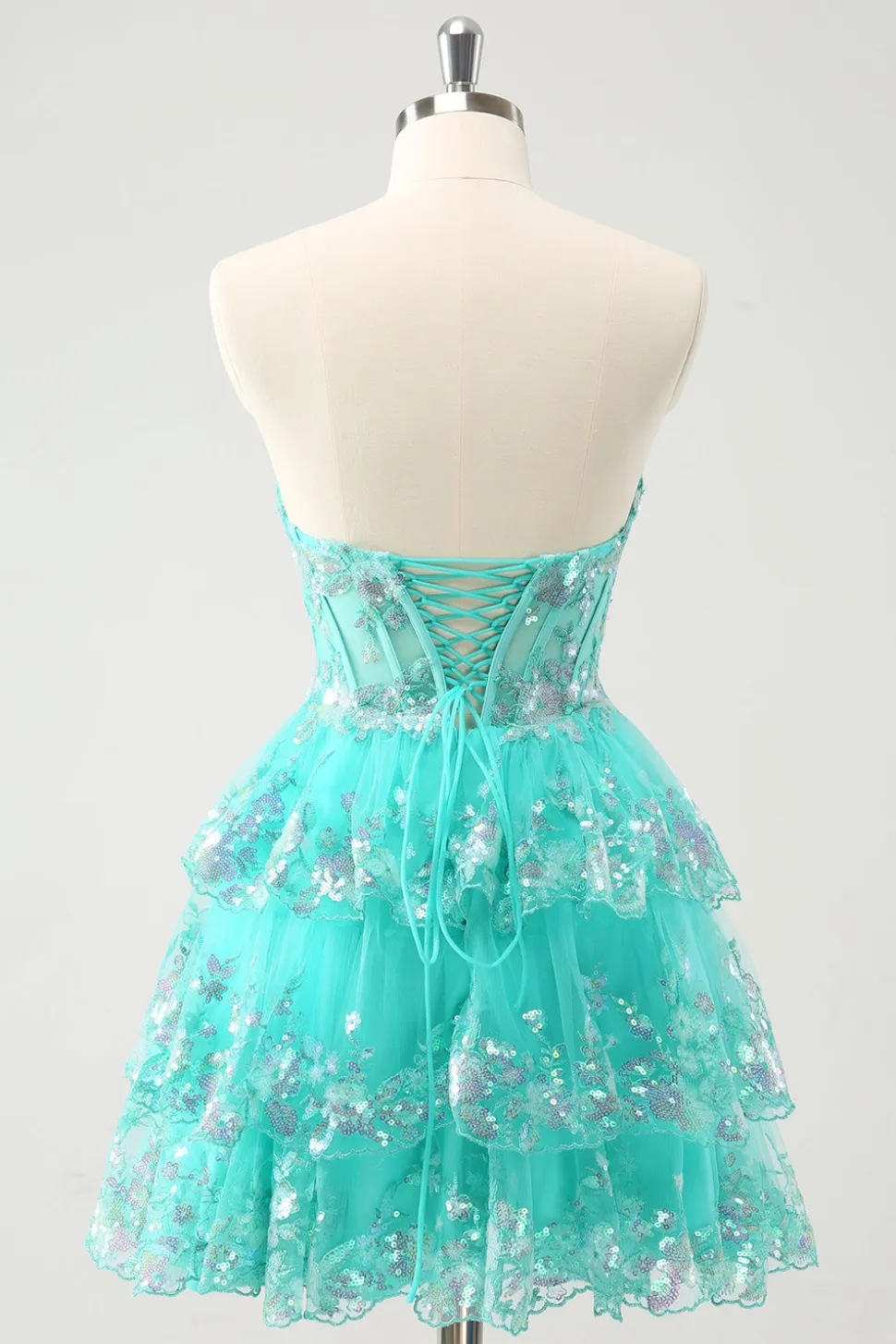 Bonito Glitter Verde Uma Linha Strapless Sequined Tiered Corset Homecoming Dress
