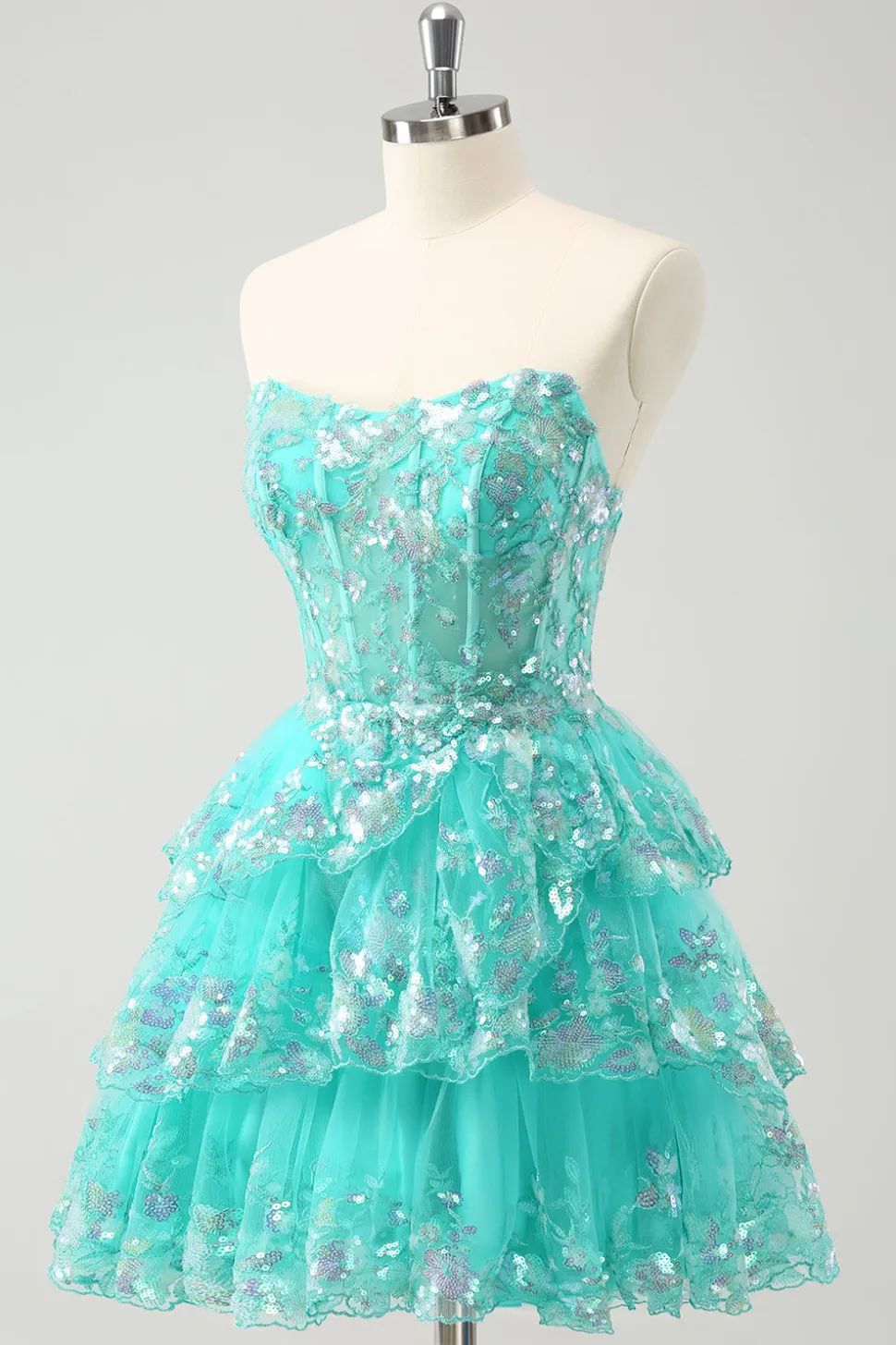 Bonito Glitter Verde Uma Linha Strapless Sequined Tiered Corset Homecoming Dress