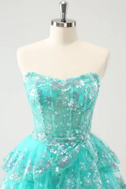 Bonito Glitter Verde Uma Linha Strapless Sequined Tiered Corset Homecoming Dress