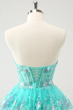 Bonito Glitter Verde Uma Linha Strapless Sequined Tiered Corset Homecoming Dress