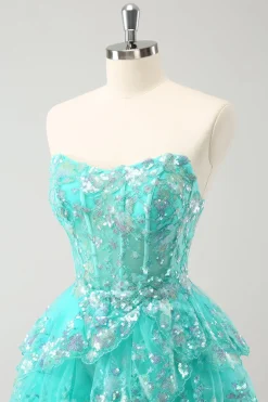Bonito Glitter Verde Uma Linha Strapless Sequined Tiered Corset Homecoming Dress