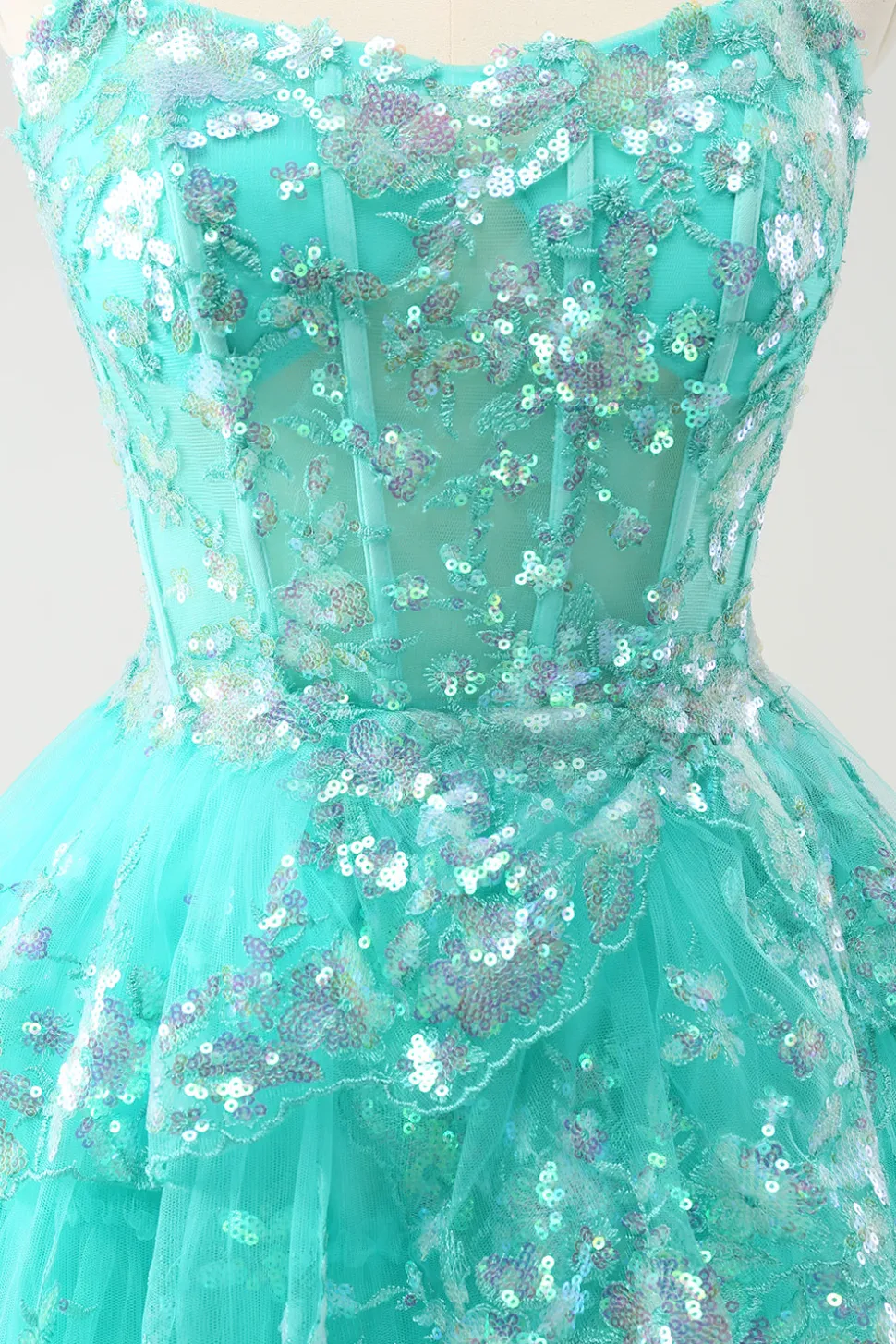 Bonito Glitter Verde Uma Linha Strapless Sequined Tiered Corset Homecoming Dress