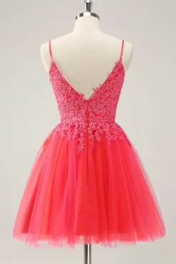 Bonito Hot Pink A Line Spaghetti Straps Short Homecoming Dress com Apliques
