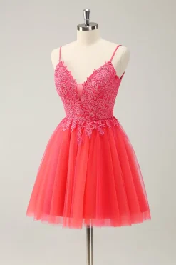 Bonito Hot Pink A Line Spaghetti Straps Short Homecoming Dress com Apliques