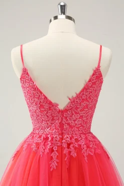Bonito Hot Pink A Line Spaghetti Straps Short Homecoming Dress com Apliques
